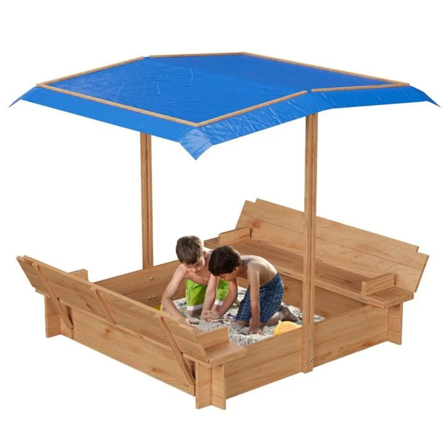 

Деревянная песочница с выдвижным навесом и крышкой, натуральное покрытие, для малышей, включает складные сиденья-скамейки и нижний вкладыш