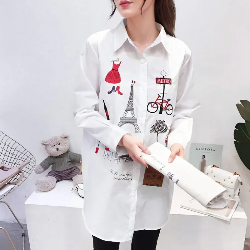 2024 New Casual Button Up Turn Down Collar Female Blouse White Women\'s Shirt Long Sleeve Cotton Embroidery Office Lady Tops 5083