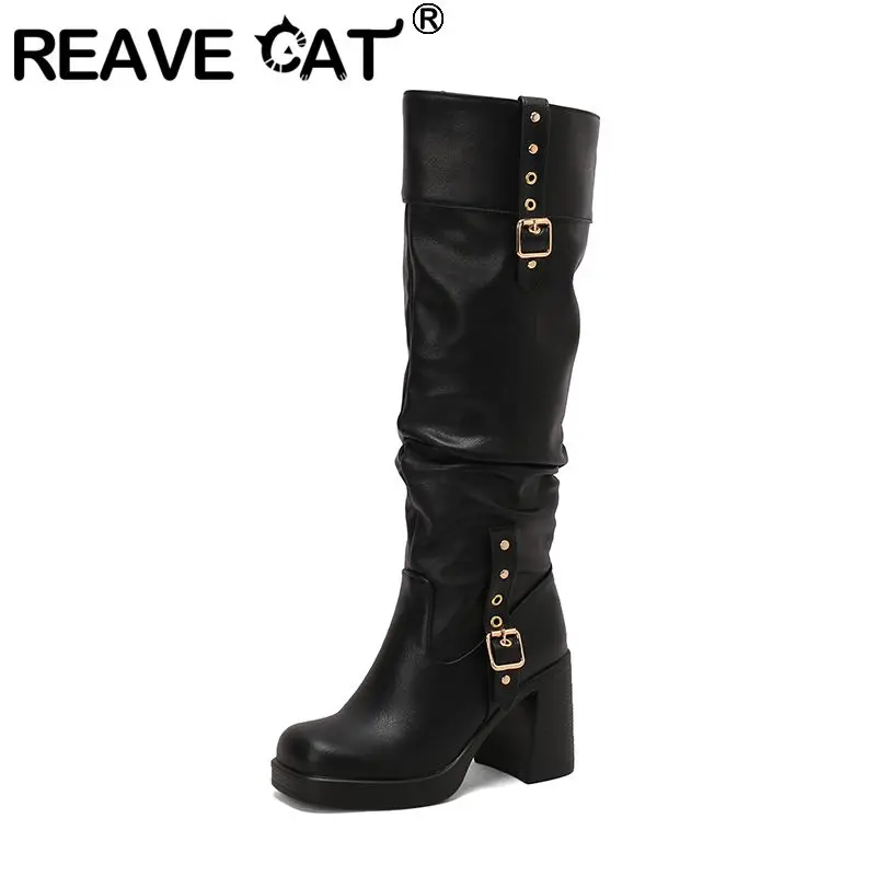 

REAVE CAT New Design Women Knee High Boots Round Toe Block Heels 9cm Platform 2cm Slip On Metal Decoration Large Size 42 43 44