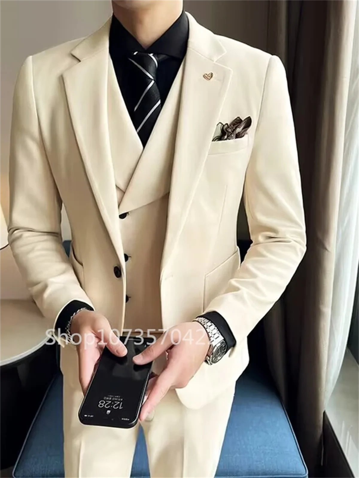 

3 Piece Slim Fit Formal Khaki Men Wedding Suits Groom Tuxedos Business Suits Notch Lapel Jacket Costume Homme