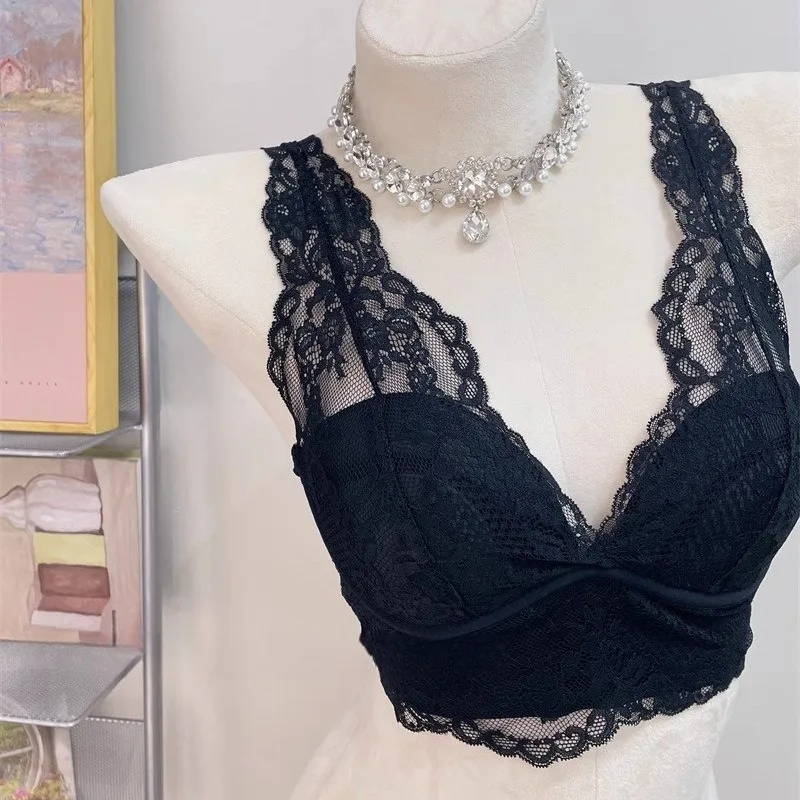 White Lace Bra French Lace  Back Underwear Women's No Steel Ring Gathered Inner Wear Matching Top  2025
