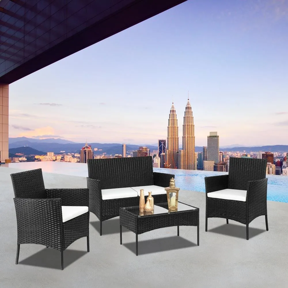 

4 Pieces Wicker Furniture Outdoor Conversation Rattan Sofa Table Garden