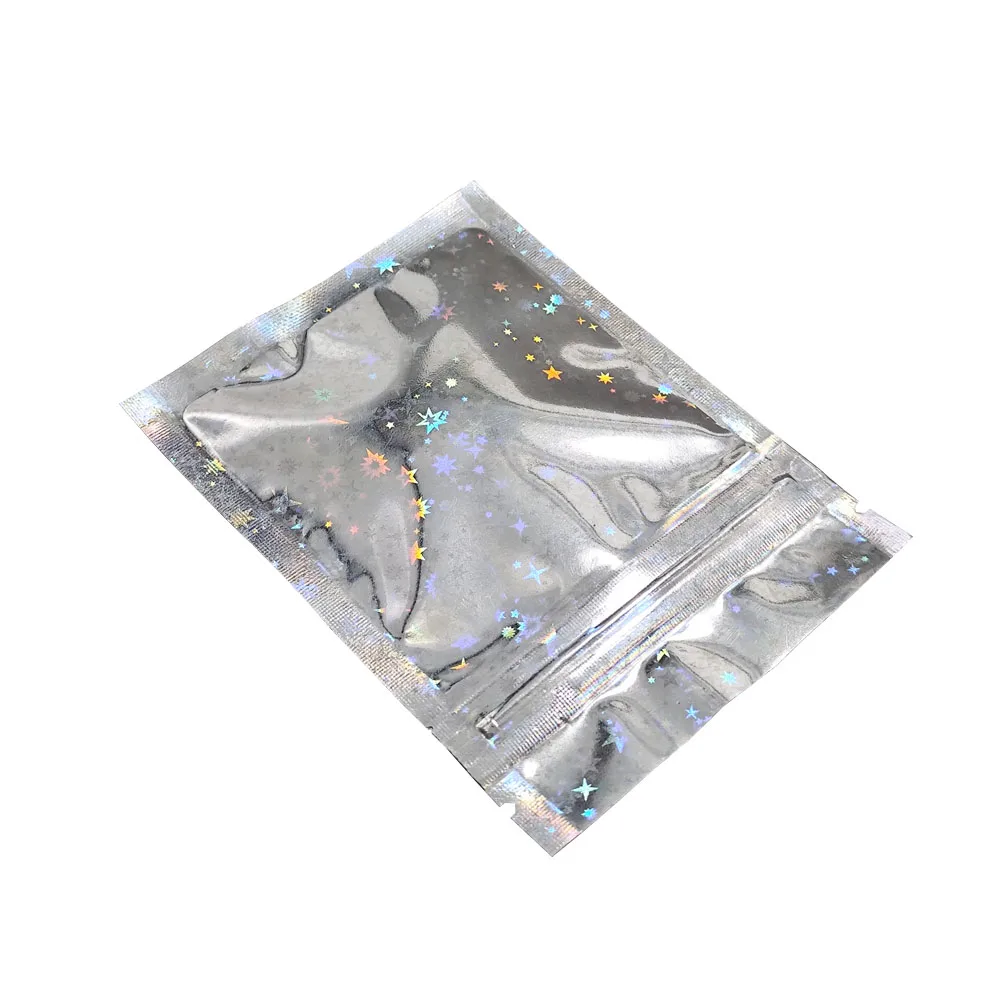 

Self Seal Flat Ziplock Mylar Holographic Star Laser Storage Pouches 100pcs Grip Resealable Aluminum Foil Zipper Top Packing Bag