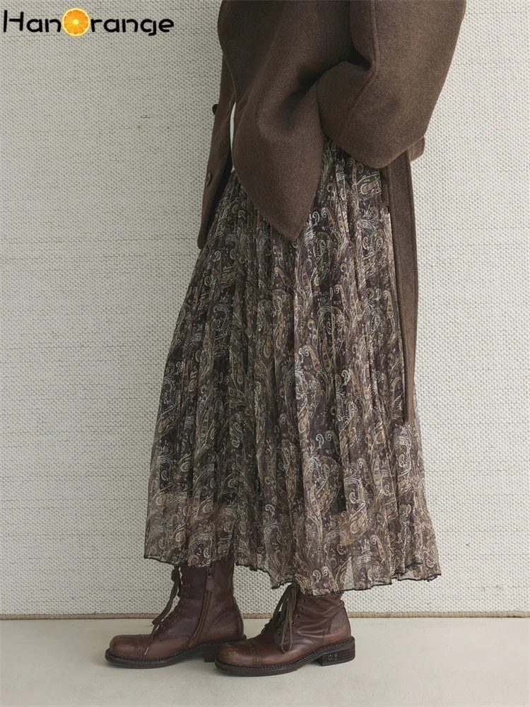 Hanorange 2026 início da primavera vintage cintura alta paisley padrão saia dobrada grande balanço a linha saia longa café/azul