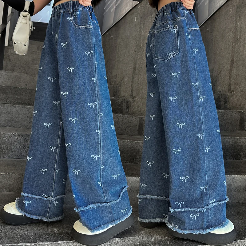 

Autumn Children Fashion Wide Leg Jeans with Bows for Girls Elegant Loose Straight Denim Pants New Kids Designer Casual Trousers