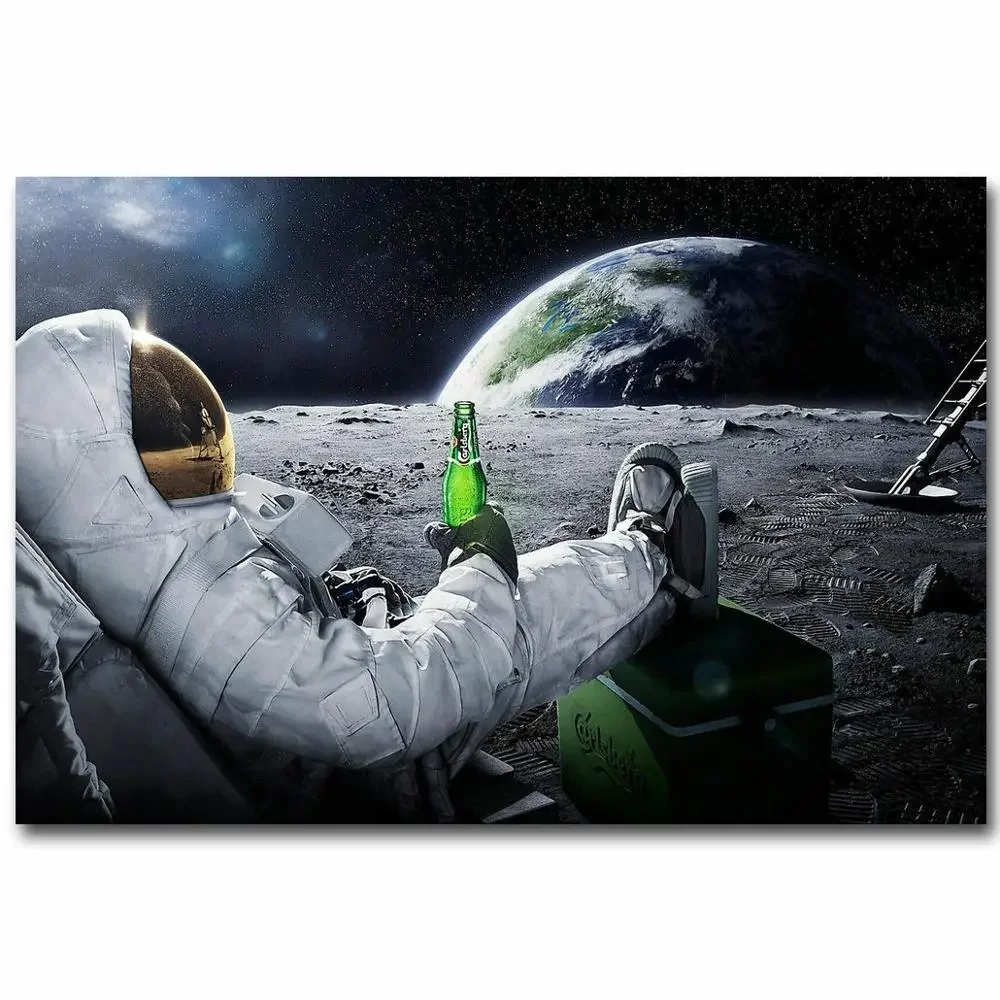 D0211 Astronaut on the Moon with Beer Silk Fabric Poster Art Decor Indoor Painting Gift