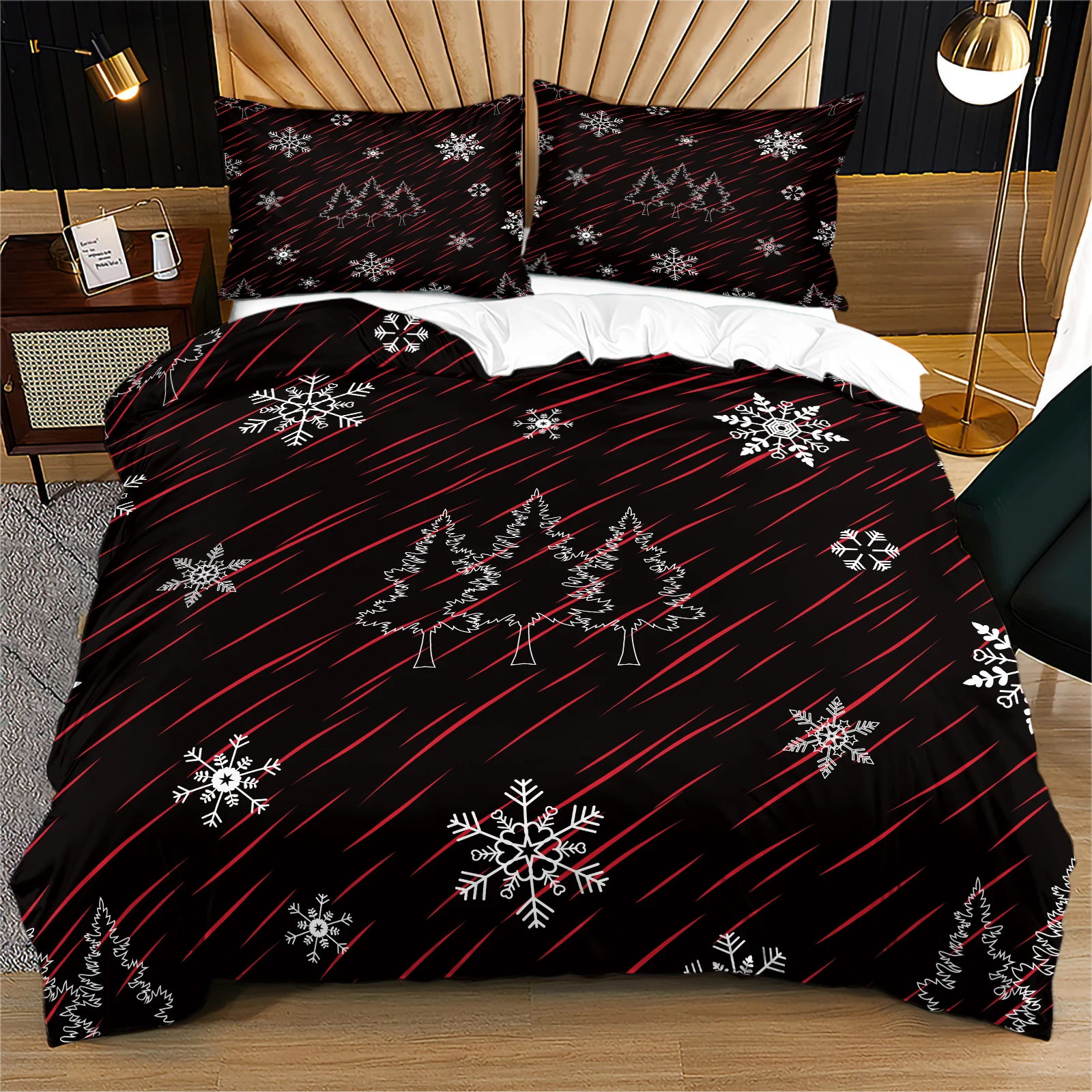 Black Red Christmas Duvet Cover Set Lightweight BreathableBedding Unique Black Red Diagonal Stripe Snowflake Pattern