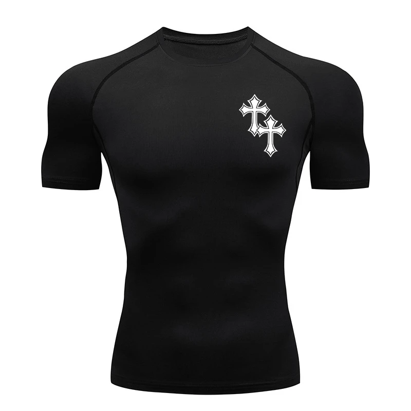 Cross Print Compression Shirt for Men Y2K Sporty Quick Dry Tshirt Tops Gym Workout Running Baselayers Undershirts Rash Guard