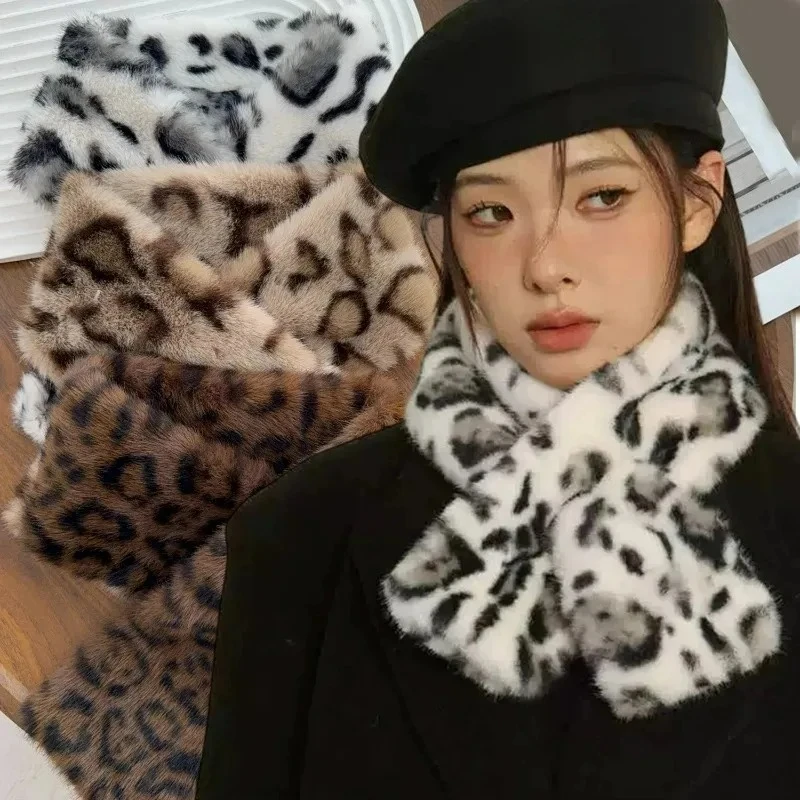 

Imitation Rabbit Fur Scarf for Women Winter Leopard Thicken Warm Faux Fur Scarf Neck Protector Cross Collar Plush Shawl Scarves