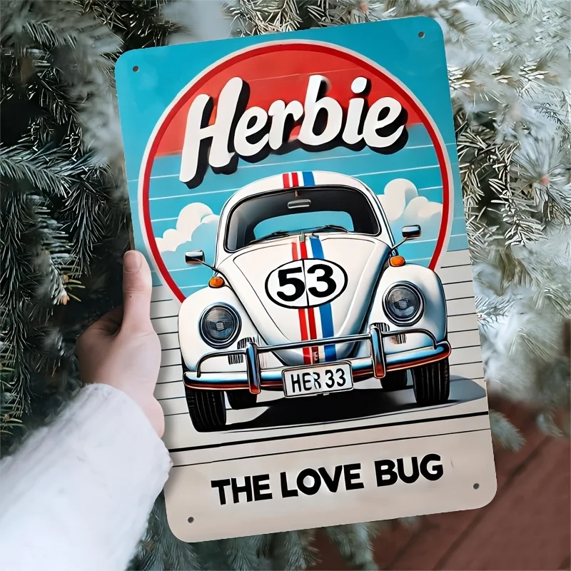 Vintage Herbie The Love Bug Metal Sign - Rustic Iron Wall Art with Blue,Red Striped Car Design, for Home, Bar, Cafe, Ga