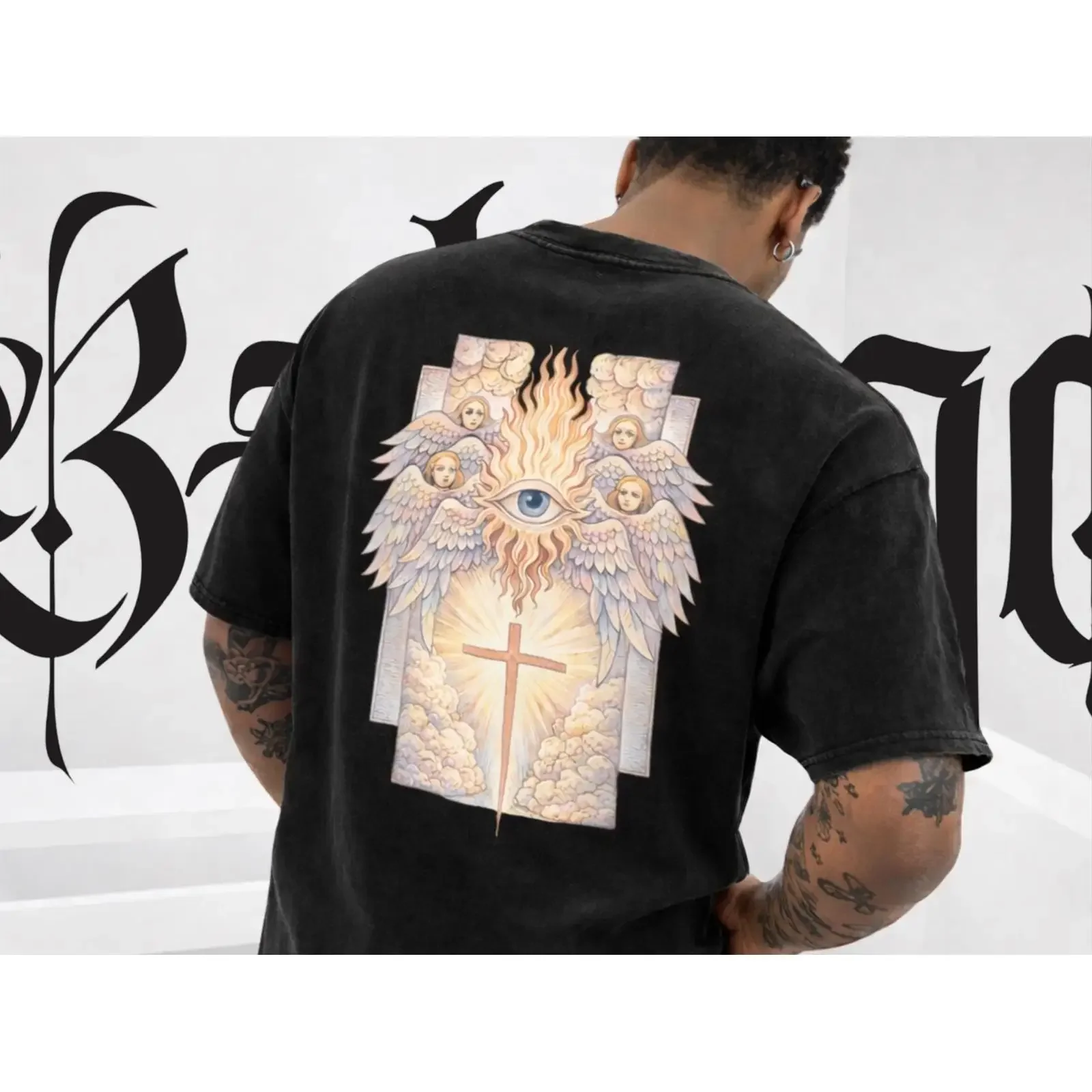 Oversized Washed Black T Shirt Seraphim Angel All Seeing Eye Cross Christian Gothic Streetwear Casual Top vintage Washed