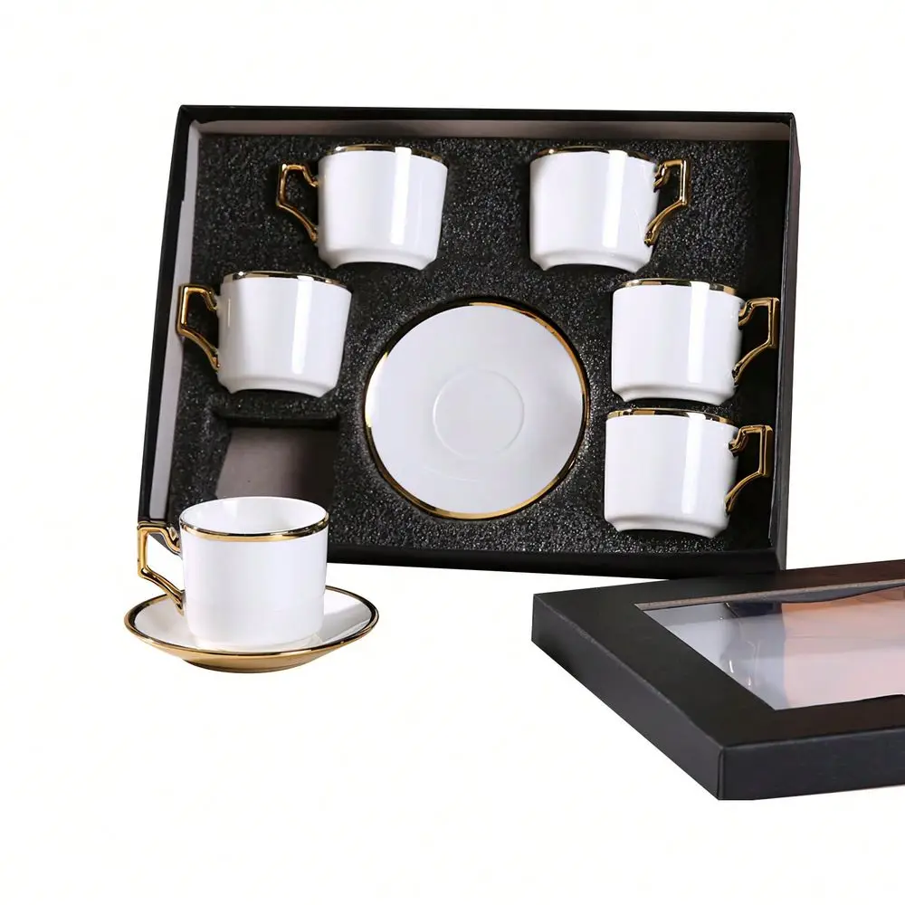 

European Coffee Cup And Saucer Set, 3 Oz, With Gold Decoration And Gift Box, Afternoon Tea Drink Cup, White Tea Cup Set, Porcel