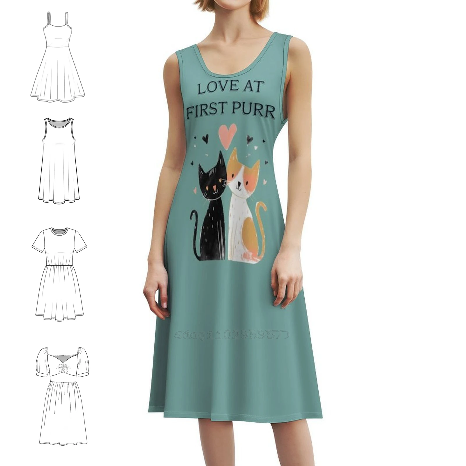 

Love At First Purr' Cute Cats Couple Korean Style Casual Dress For Women Simple Daily Office Lady Dresses Cats Black Cat Couple