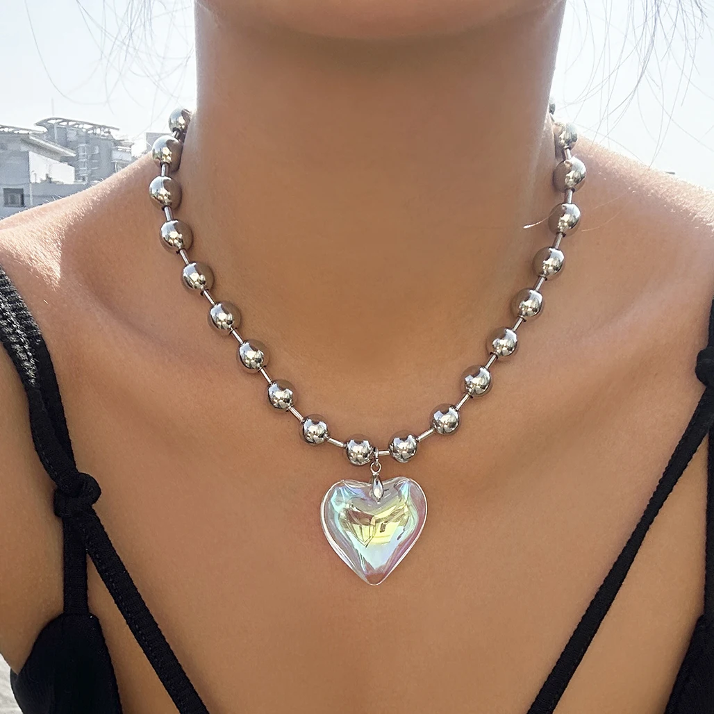 6 Colors Hip Hop Colorful Love Heart Pendant Necklace Women Punk Silver Color Beads Chain Grunge Jewelry Accessories Steampunk image 2