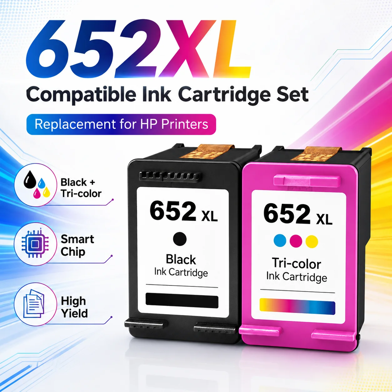 652XL Ink Cartridge Replacement for HP 652 XL Black + Tri-Color with Chip for DeskJet Ink Advantage Printers