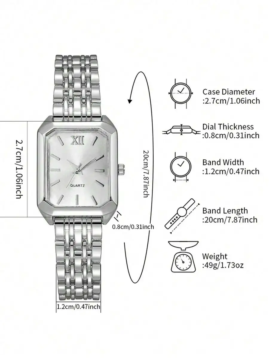 2pcs/Set Women's Fashion Casual Square Minimalist Dial Elegant Quartz Watch + Bracelet, Gift (Watch Box Not Included) view 5