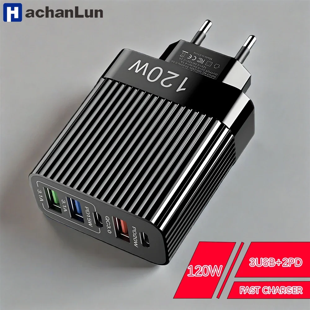 

Total 120W USB Charger Quick Charge Multi Ports Fast Charging Phone Charger For iPhone Samsung Xiaomi Huawei Type C Wall Charger
