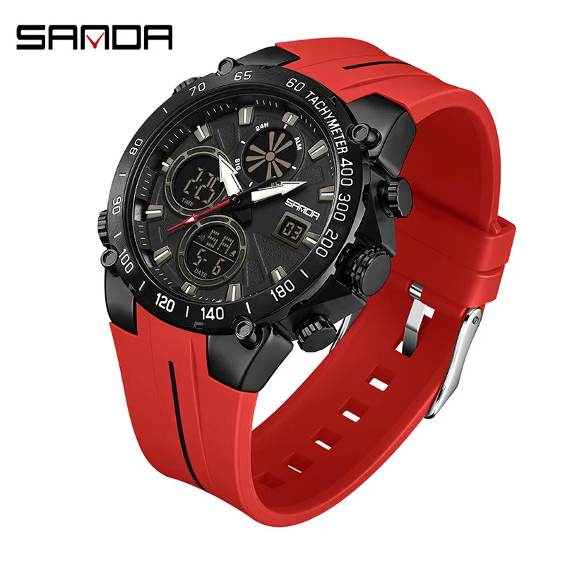 

SANDA6262 Men's Sports Watch Dual Display Dial Night Light Display 5ATM Waterproof Multifunctional Quartz Electronic Watch