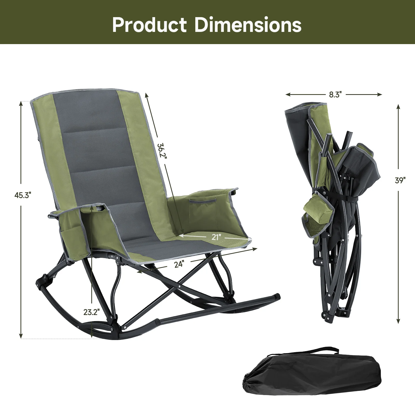 Rocking Camping Chair for Adults, Folding Outdoor Rocking Chair with Foot Rest, 330 lbs Capacity, Camp Chairs for Lawn