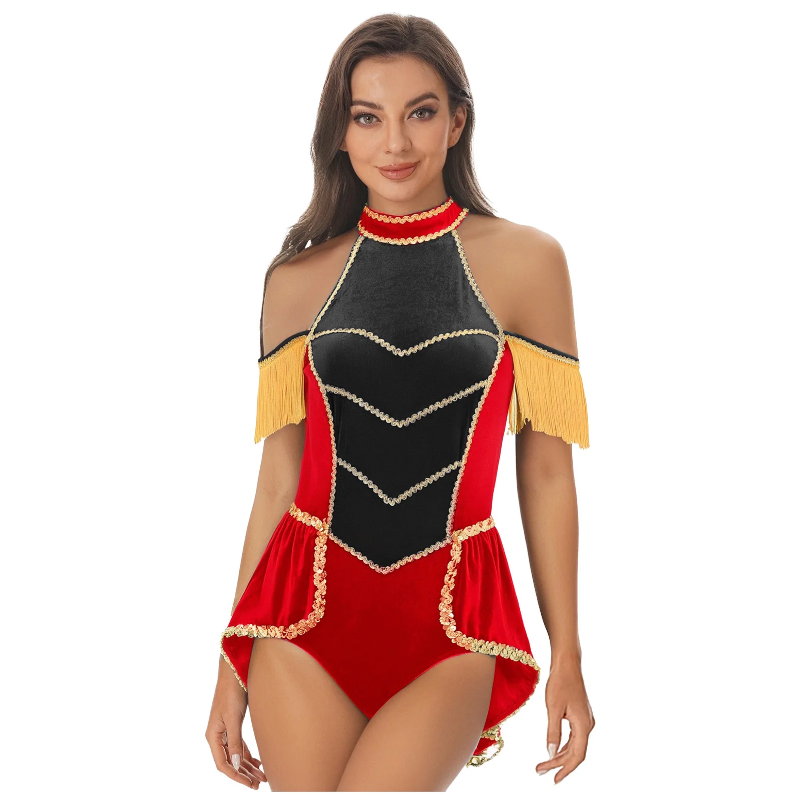 

Womens Circus Honor Guard Costume Velvet Swallowtail Jumpsuit with Gold Trim And Tassels for Halloween Cosplay Themed Parties