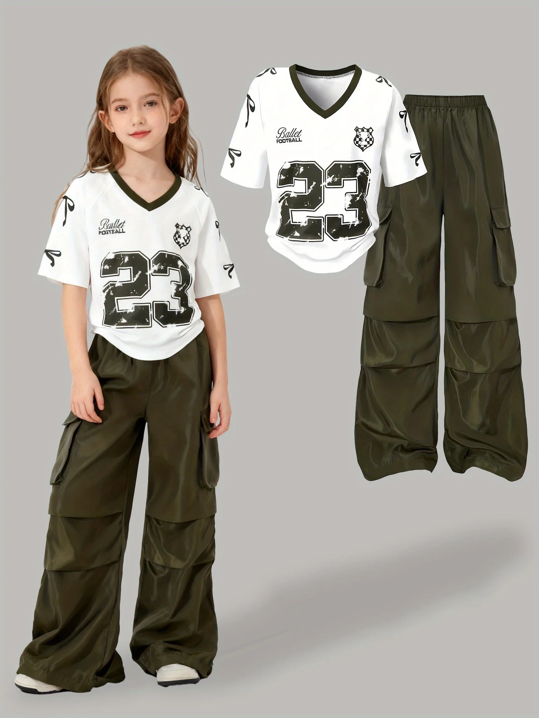 Trendy Girls 2Pcs Hip Hop Co-ord, White V-Neck Distressed 23 Graphic Jersey Top, Army Green Wide Leg Cargo Trousers for Kids Str