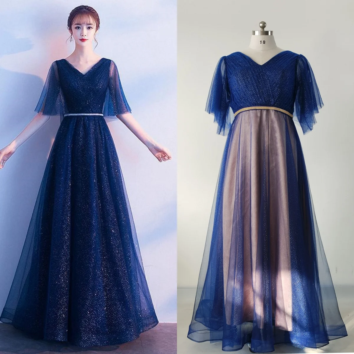 

Feelingarden Plus size Evening Dress Navy Blue Tulle Bling A-Line Short Sleeves Pleat Floor-Length Women Formal Party Gown C1557