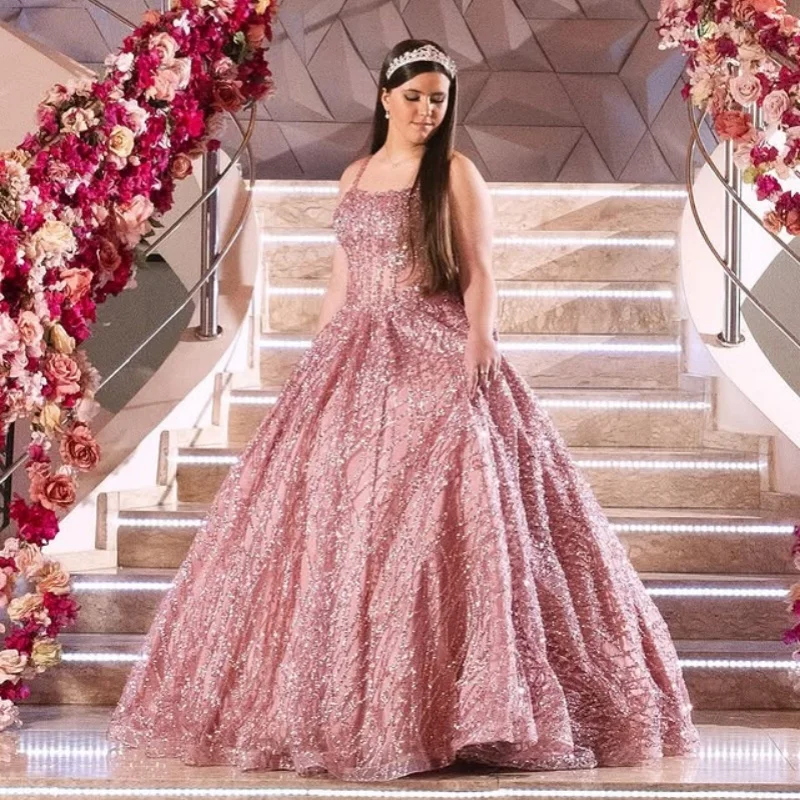 

Shiny Pink Quinceanera Dresses Off the Shoulder Sequin Crystal Decal Long tail Vestido De 15 Quinceanera Customize