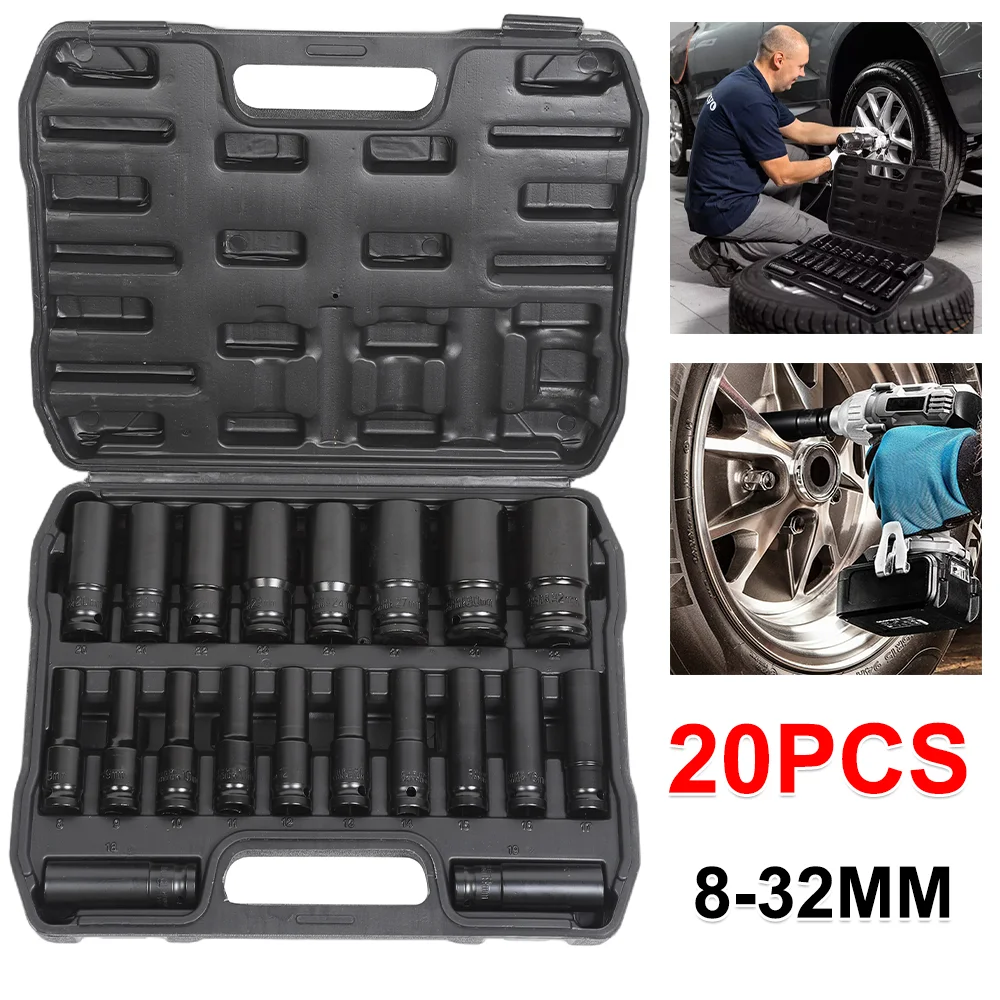 Set di 20 bussole a innesto da 1/2", set di bussole metriche profonde da 8-32 mm, set di bussole a innesto esagonale a 6 punte, kit di bussole profonde ad alta coppia per la riparazione di auto
