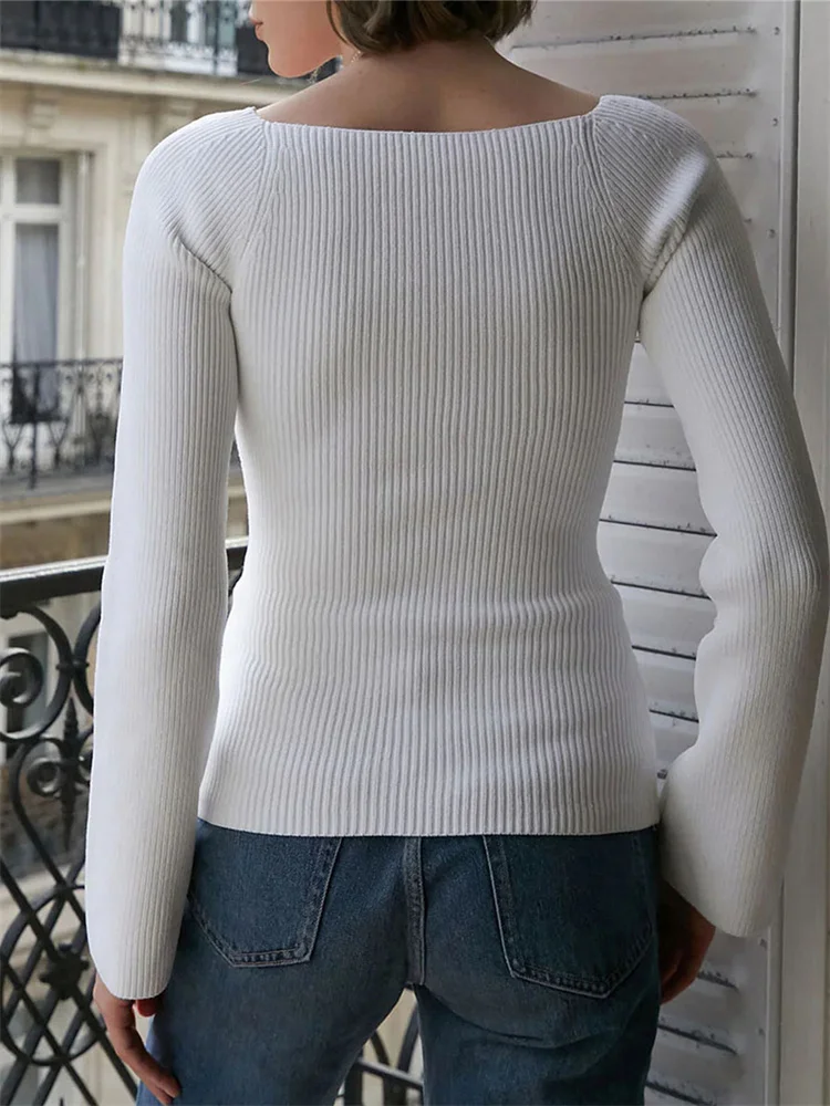 Women Flare Sleeve Square Neck Knitted Ribbed Skinny Tops Spring Autumn White Tees Streetwear Long Sleeve Knitting Bodycon Tops