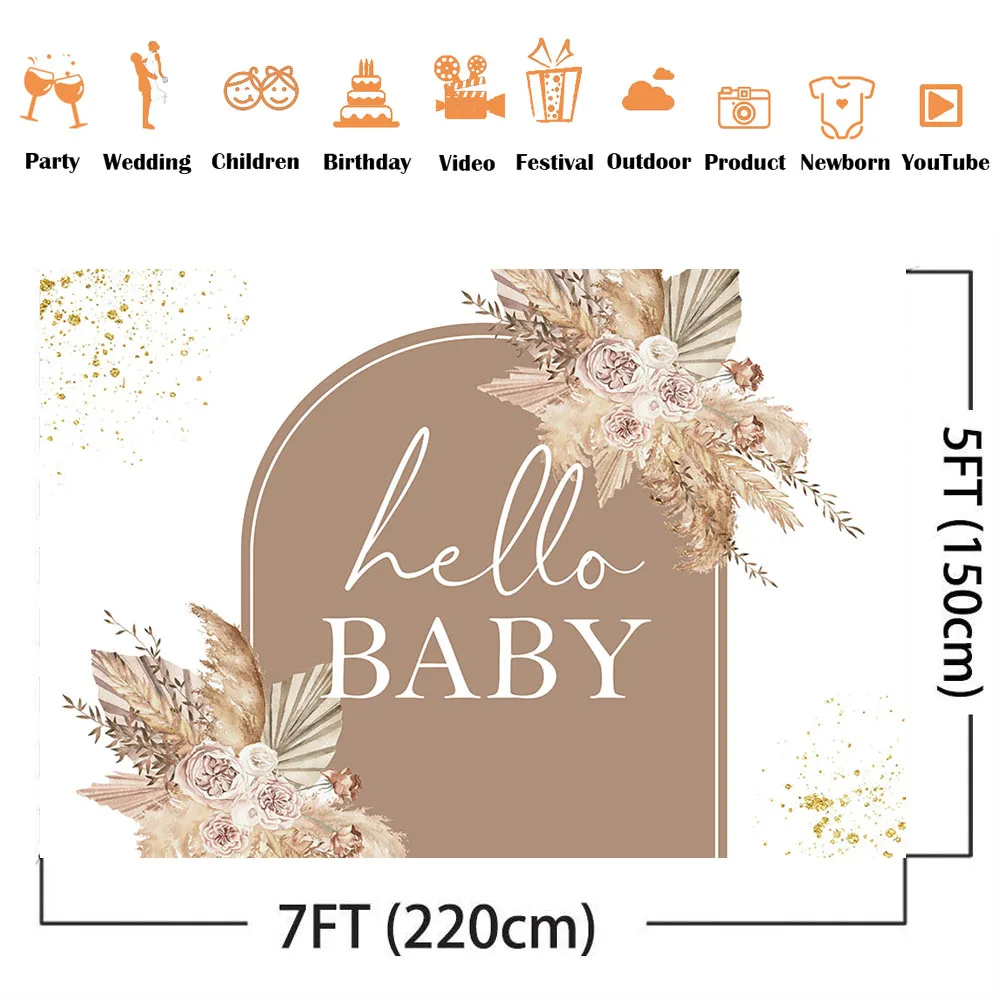 Boho Baby Shower Backdrop Pampas Grass Background for Baby Shower Theme Decoration Hello Baby Floral Boho Party Supplies