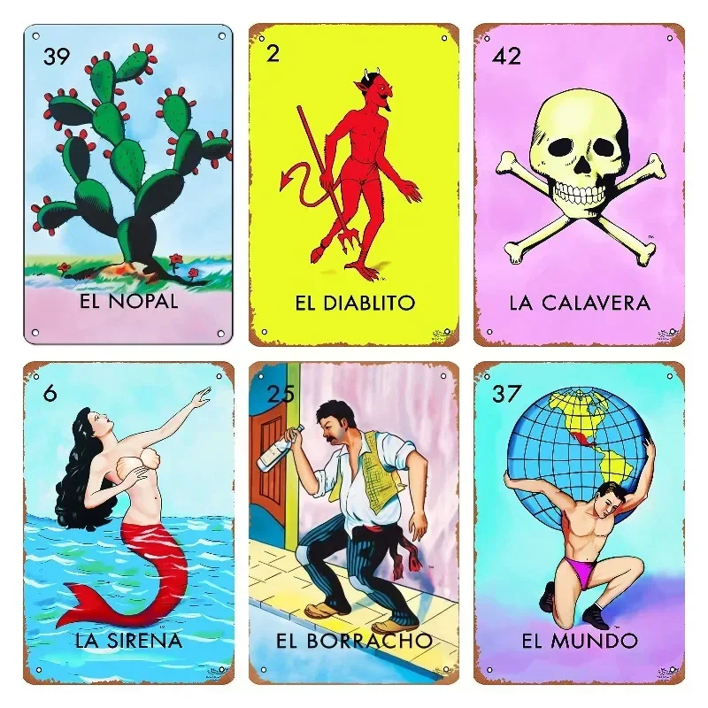 Cactus El Nopal Loteria Card Mexican Bingo Metal Tin Sign Vintage Succulent Plants Wall Plaque Poster Country Plaque