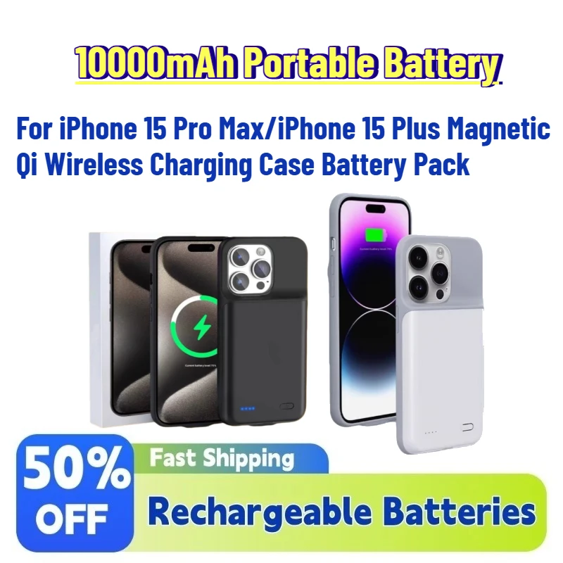 

In Stock 10000mAh Portable Battery Case for iPhone 15 Pro Max/iPhone 15 Plus Magnetic Qi Wireless Charging Case Battery Pack