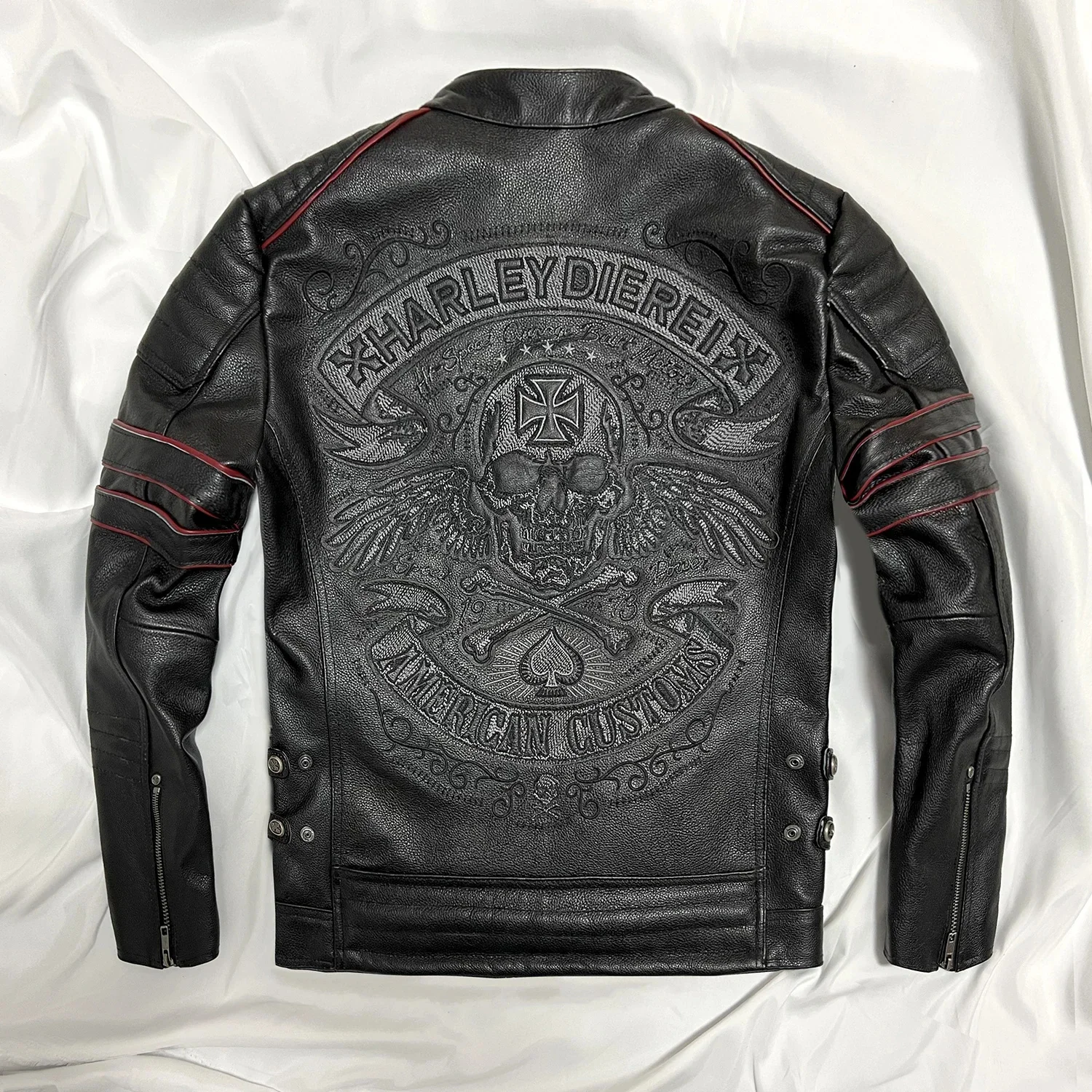 Men's Cowhide Leather Motorcycle Jacket Skull Embroidery Top Layer Genuine Clothing 6XL Slim Fit Black Spring Male Coat