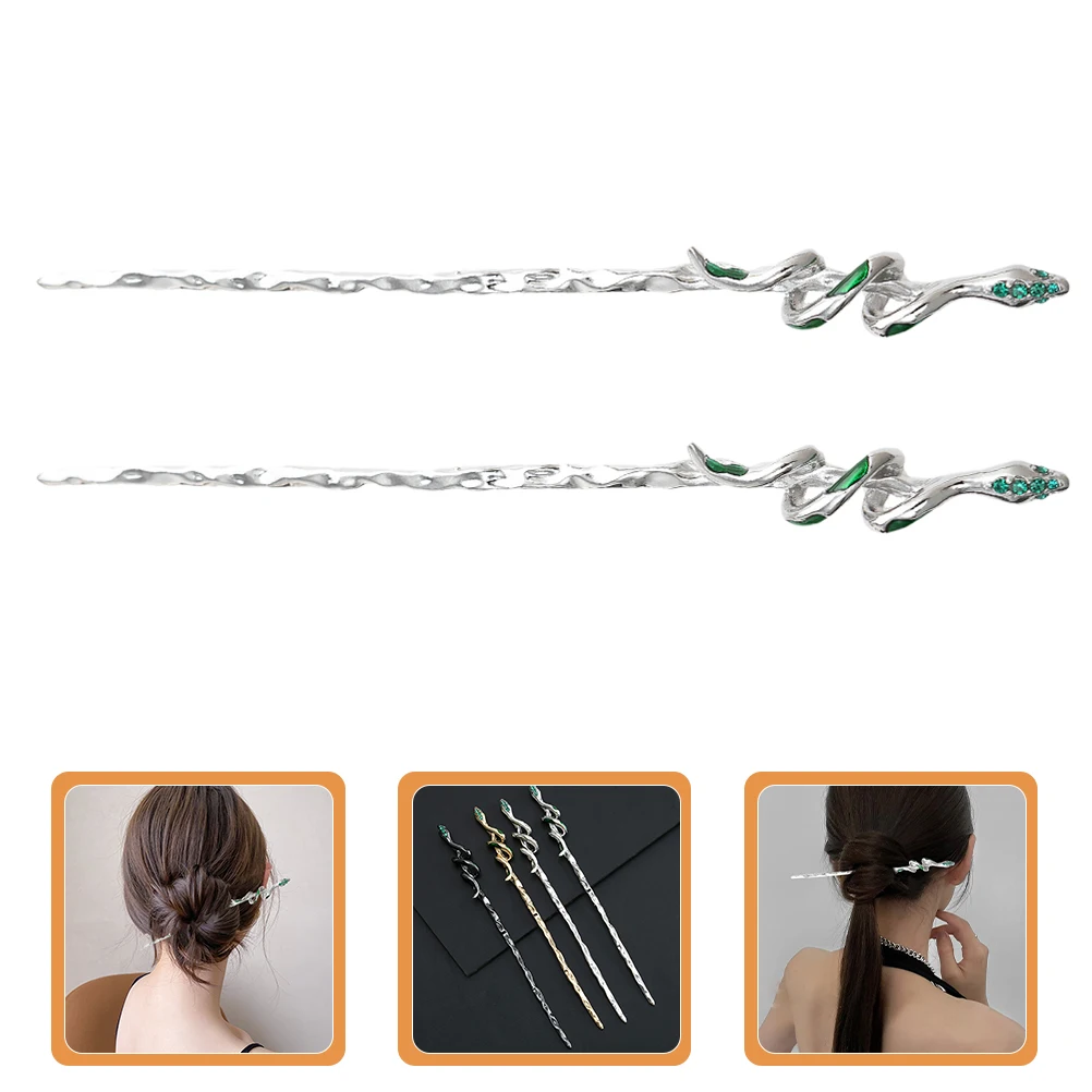 

2Pcs Snake Zinc Alloy Rhinestone Snake Accessories Decorated Women Hair Sticks for Buns Long Hair Styling Accessories