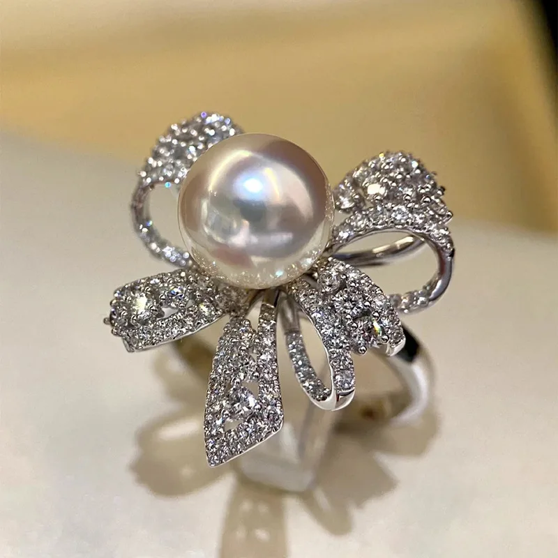 925 sterling silver French high-end light luxury bow pearl ring, women's cool style temperament, versatile full diamond jewelry
