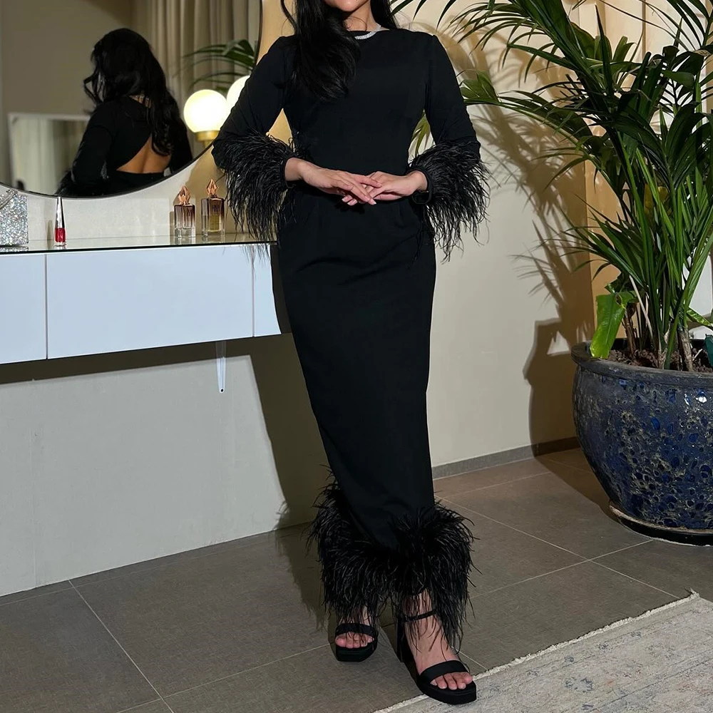 

Temperament Embroidery Girdling High Neckline Ankle Length Straight Celebrity Gowns Jersey Long Sleeves Backless فساتين سهرة