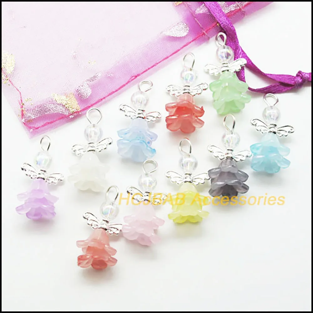 20 New Mixed Acrylic Angel Charms Silver Plated Morning Glory Flower Pendants 14x25mm