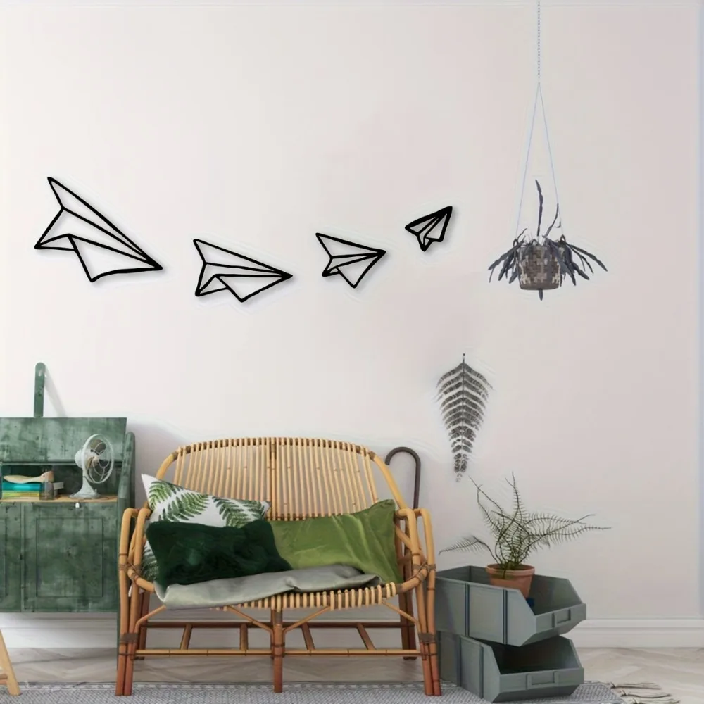 CIFBUY 4Pcs Wrought Iron Paper Airplane Wall Art Minimalist Line Metal Decor For Home Office Classic Living Room