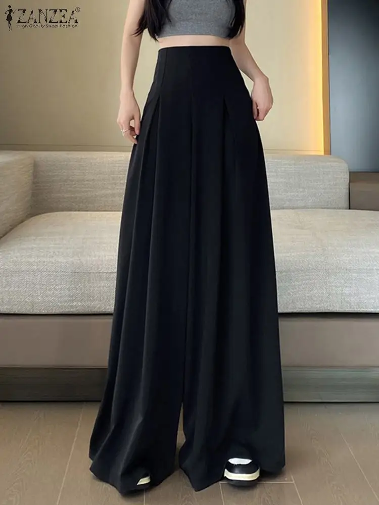 Women 2024 Autumn Suit Pants ZANZEA Vintage Wide Leg Pants Elegant OL Solid Trouser Capris Oversized High Waist Pantalon Palazzo