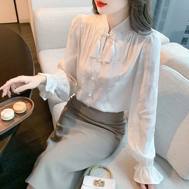 New Woman Chinese Style Improved Jacquard Button Female Shirt Autumn New Fashion Sweet Loose Long Sleeve Inner Base Tops Q114