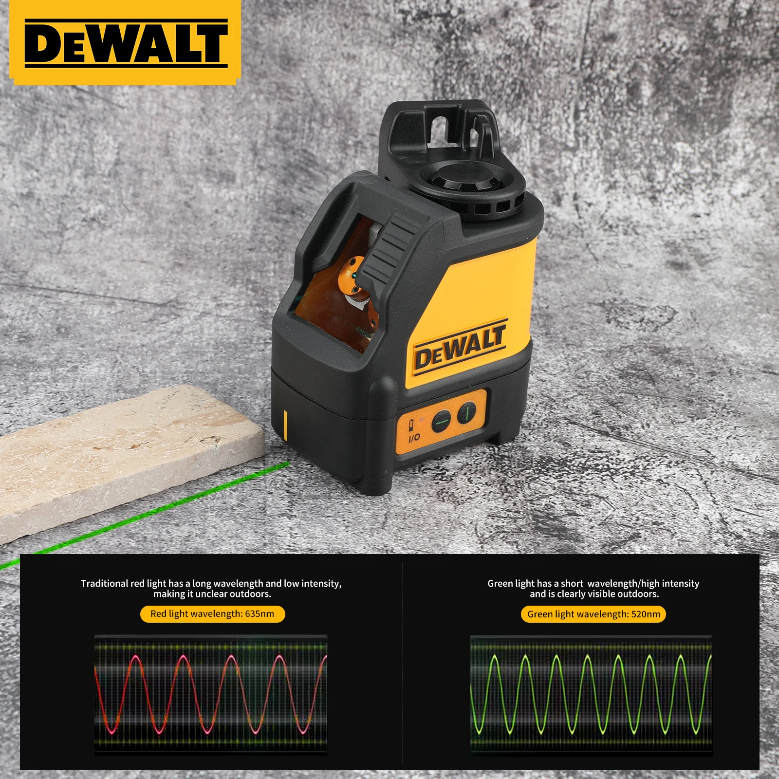 

Лазерный нивелир DEWALT с 2 зелеными линиями, дальность 50 м, степень защиты IP54, самовыравнивающийся, с батарейным блоком, для деревообработки и отделочных работ