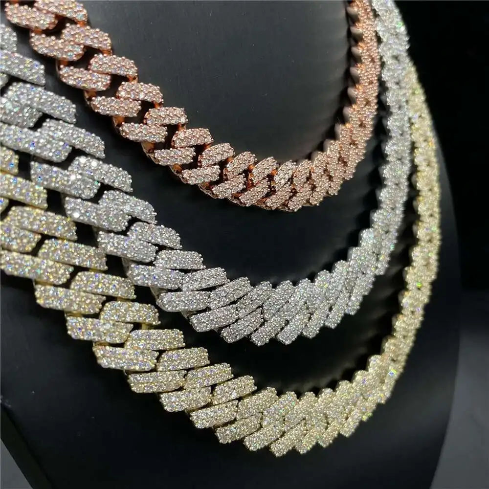 Luxury Hip Hop Cuban Chain 15mm Width 2 Rows Stone Vvs Diamond Sterling Silver Moissanite Cuban Link Chain.