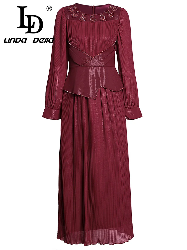 تنورة LD LINDA DELL ذات ثنيات على شكل خرز أظافر وردي كريمة وجوية ورقبة دائرية وأكمام طويلة بقصة ضيقة فستان عصري عالي