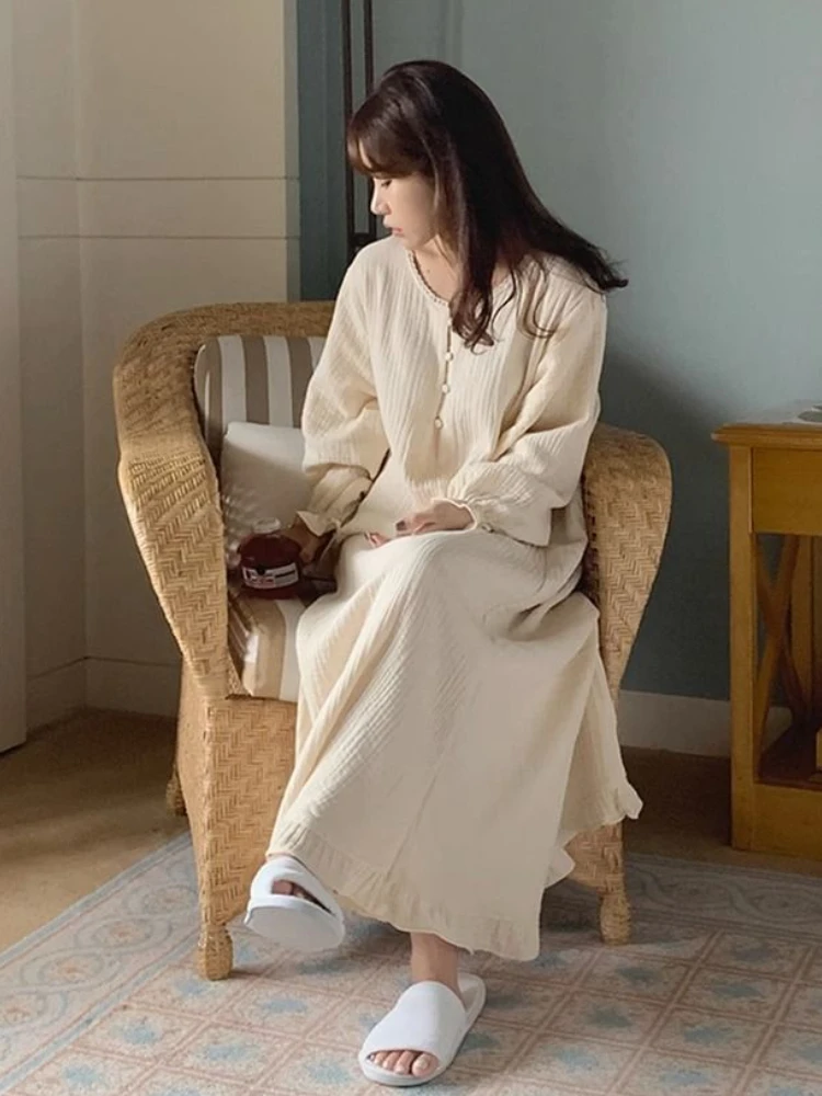 Long Sleeve Nightgowns Women Simple Cute Nightdress Korean Autumn Sweet Girls Round Neck Sleepwear Fashion Leisure Cozy Lounge - Image 5