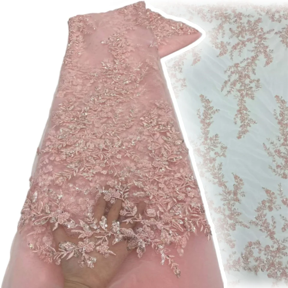 Luxury Black Sheer Tulle Floral Lace Fabric Exquisite Beaded Sequin African Lace for High-End Women Evening Formal Dresses 3534