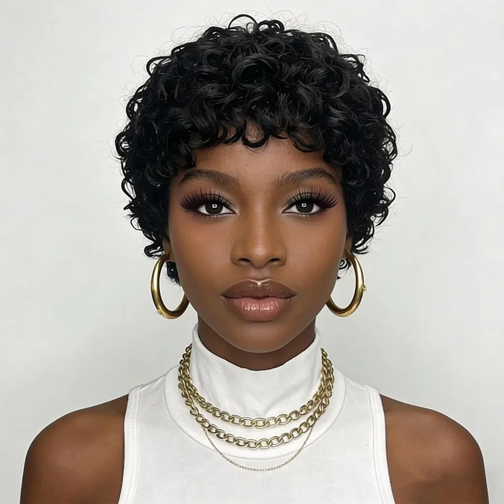 

Breathable and comfortable machine made pixie short curly black color human hair wig for women 150% density daily party use