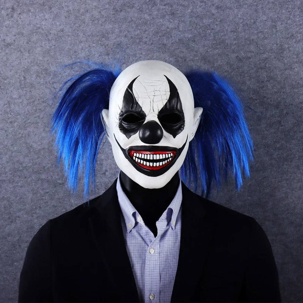

Halloween Joker Skull Mask Headpiece Cosplay Horror Blue Hair Clown Demon Killer Latex Masks Carnival Purim Party Costume Props