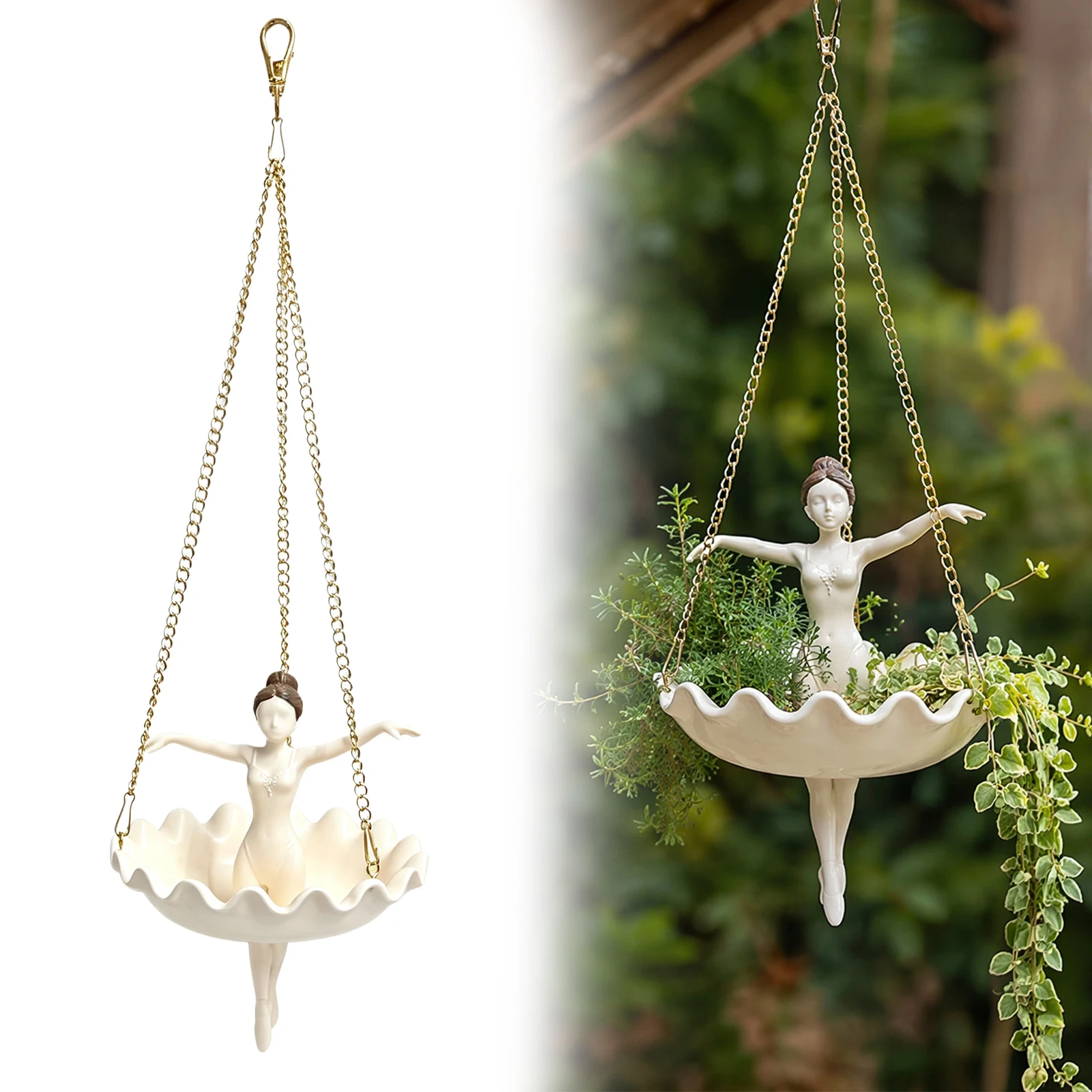 Dancer Resin Flower Pot w/Three Chain for Plant, Indoor Garden Accent, Resin Ballet Dancer Hanging Planter Decorative Flower Pot