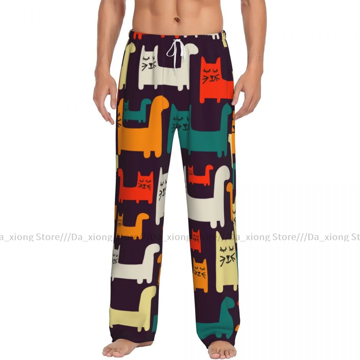 Mens Casual Pajama Long Pant Loose Elastic Waistband Halloween Cats Cozy Sleepwear Home Lounge Pants