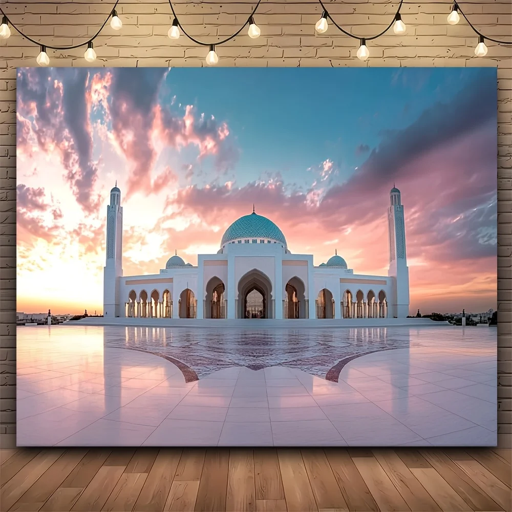 2D Flat 1pc Polyester Fiber Ramadan Mosque Wall Art Middle Eastern Theme Party Decor Photo Booth Backdrop Islamic Architecture P